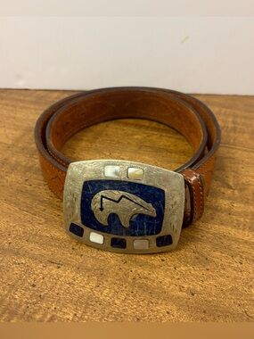 Bianchi Brown Leather Belt With Bear Belt Buckle Vintage Size 36